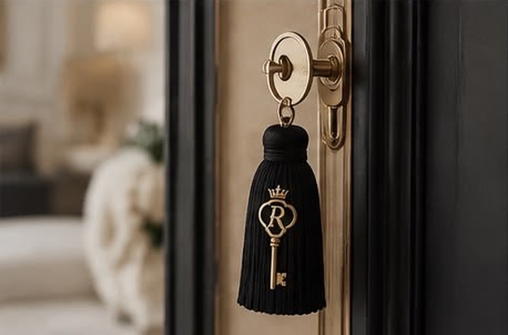 Clé dorée et pompon noir sur une porte
